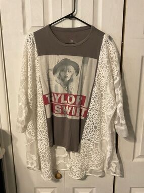 Taylor Swift Upcycled Graphic T-Shirt Sheer Boho Print White Flowy Sleeves - OS
